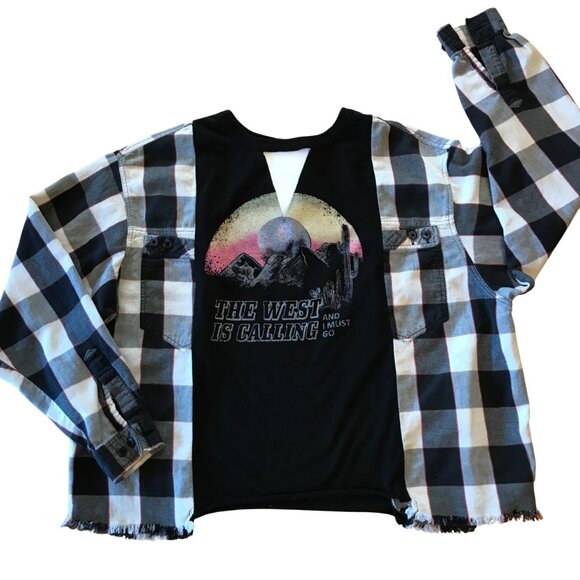 Reworked Buffalo Plaid Tee, Size M-L: Upcycled Oversized Mountain Graphic Shirt - Picture 8 of 11